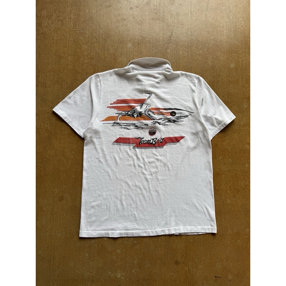 VTG 70s Lightning Bolt Surfing Team Surfer Light Polo Shirt Wood Buttons (M) USA